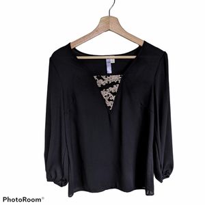 Sheer Black Blouse Alya Top Gold Embroidered Lace Long Sleeve Flowy Small